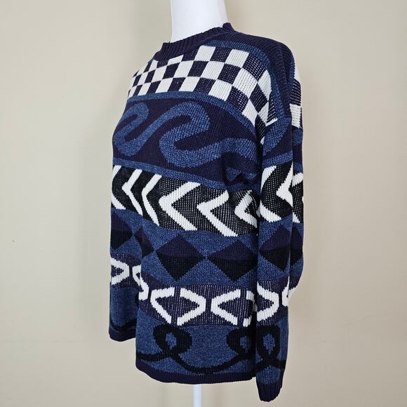 Vintage JJ Browne M/L Unisex Abstract Blue Sweater Knit Pullover 80s 90s Retro - Picture 2 of 10